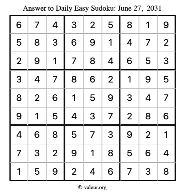 Answer to easy sudoku June 27, 2031