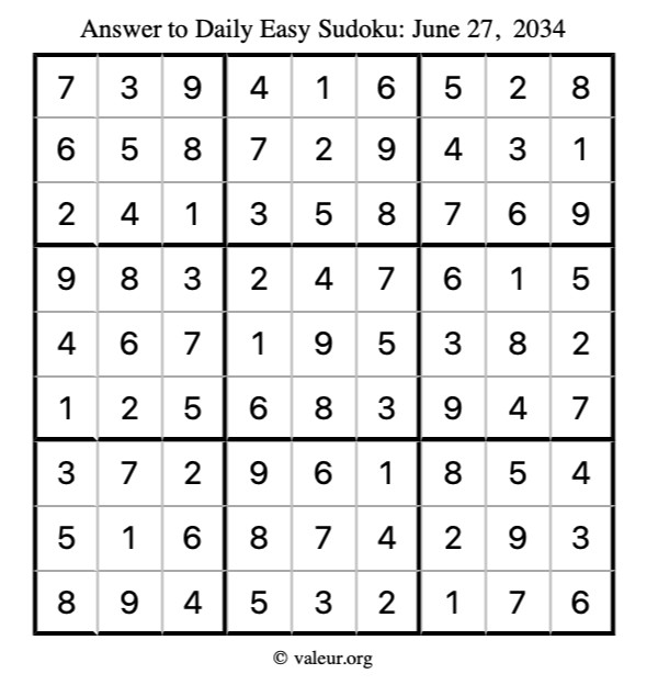 Answer to easy sudoku June 27, 2034