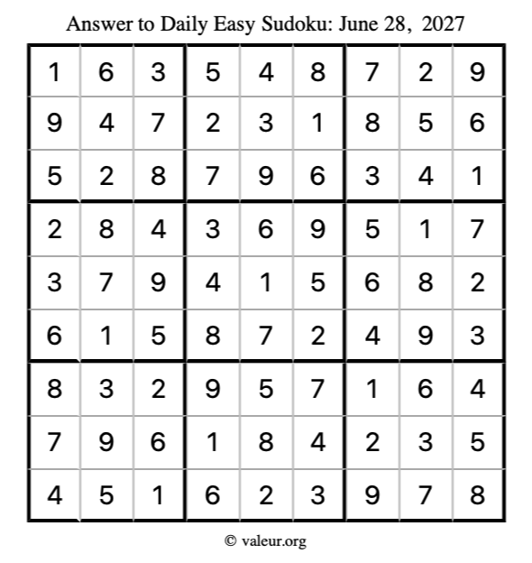 Answer to easy sudoku June 28, 2027