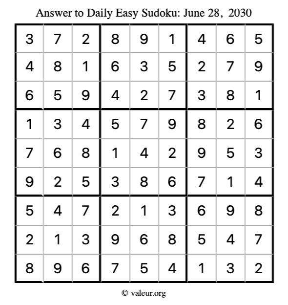 Answer to easy sudoku June 28, 2030
