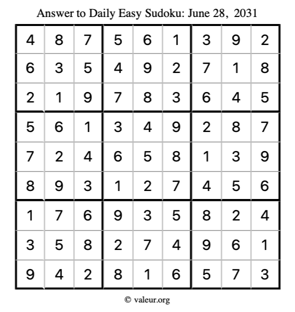 Answer to easy sudoku June 28, 2031
