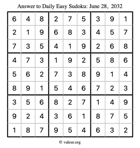 Answer to easy sudoku June 28, 2032
