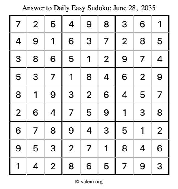 Answer to easy sudoku June 28, 2035