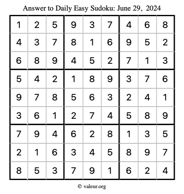 Answer to easy sudoku June 29, 2024