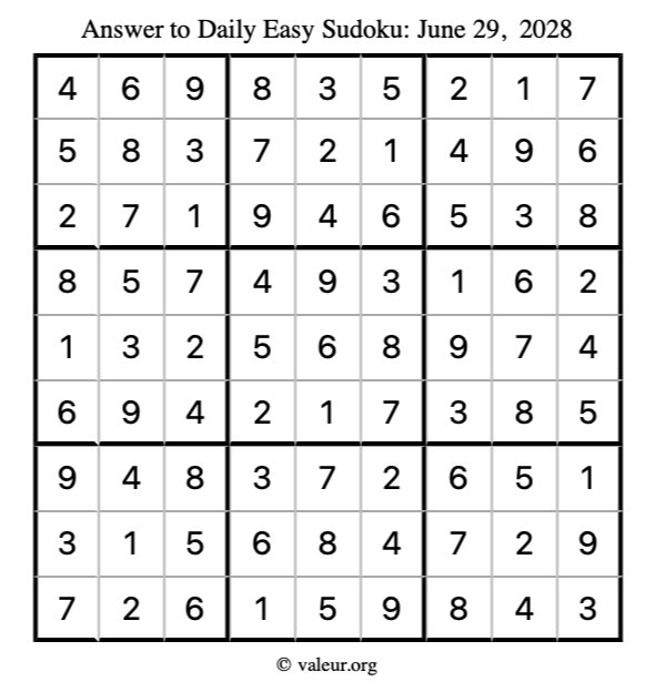 Answer to easy sudoku June 29, 2028