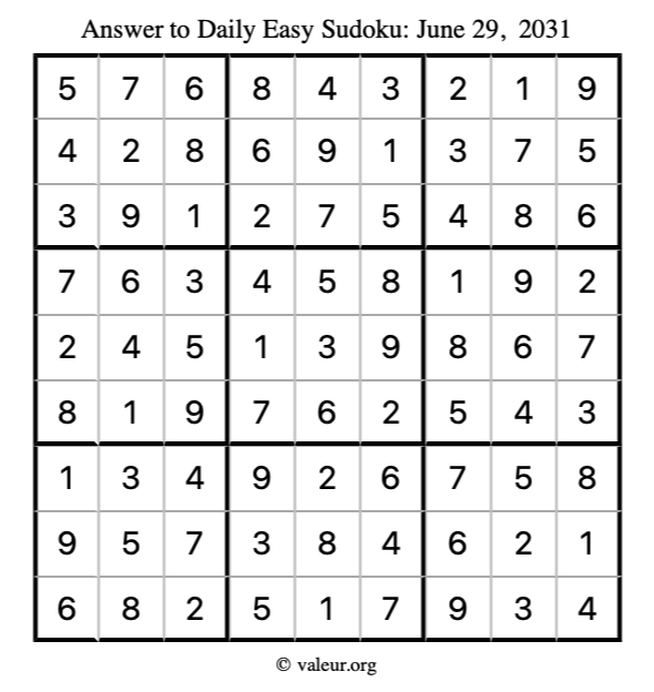 Answer to easy sudoku June 29, 2031
