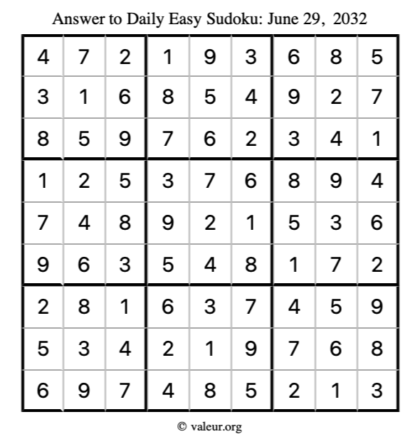 Answer to easy sudoku June 29, 2032