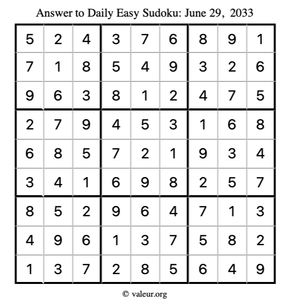 Answer to easy sudoku June 29, 2033