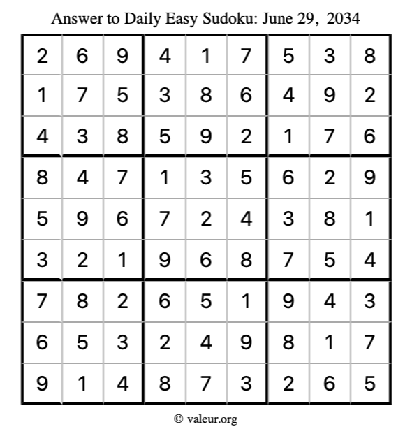 Answer to easy sudoku June 29, 2034