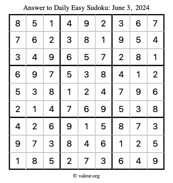 Answer to easy sudoku June 3, 2024