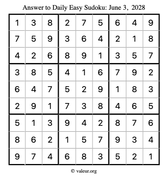 Answer to easy sudoku June 3, 2028