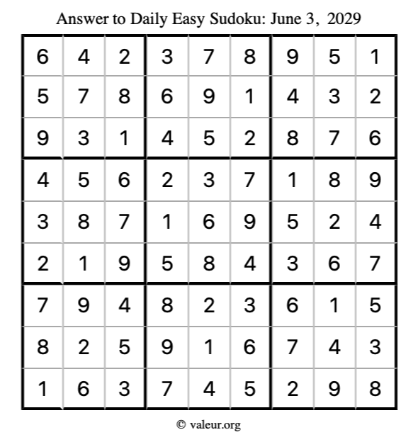 Answer to easy sudoku June 3, 2029