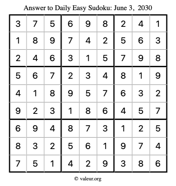 Answer to easy sudoku June 3, 2030