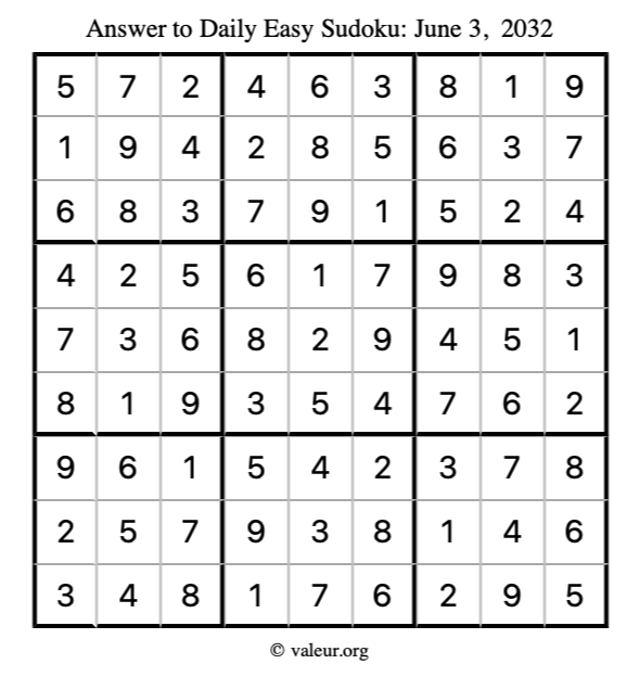 Answer to easy sudoku June 3, 2032