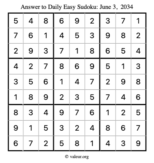 Answer to easy sudoku June 3, 2034