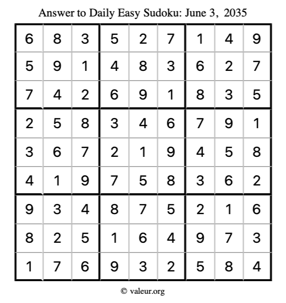 Answer to easy sudoku June 3, 2035