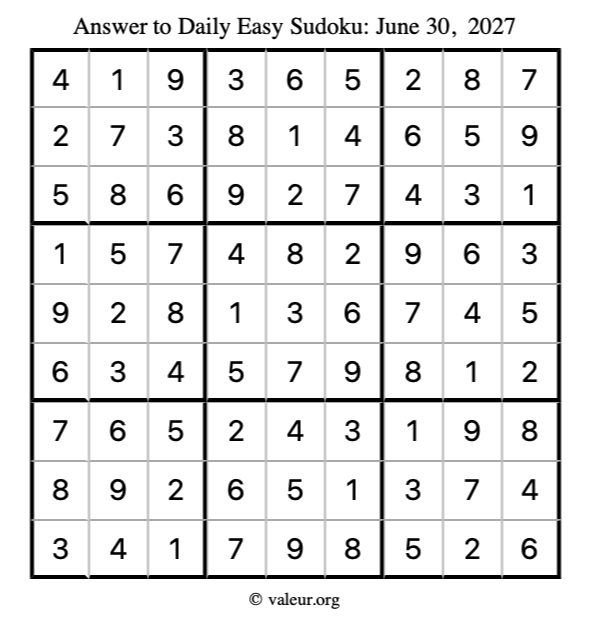 Answer to easy sudoku June 30, 2027