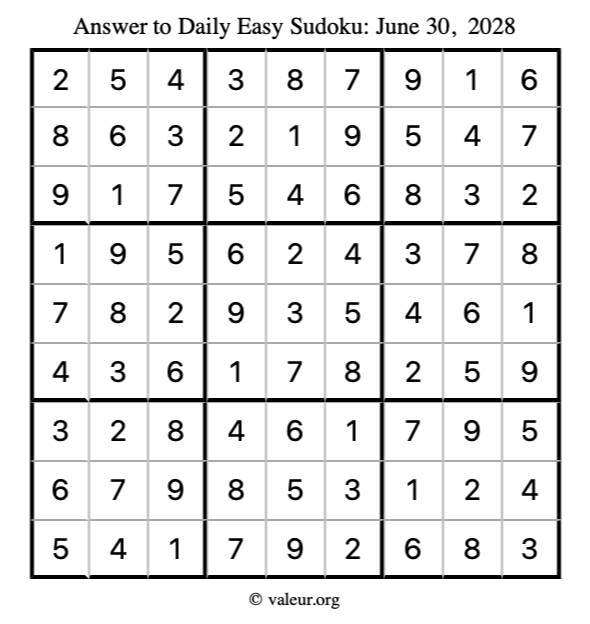 Answer to easy sudoku June 30, 2028