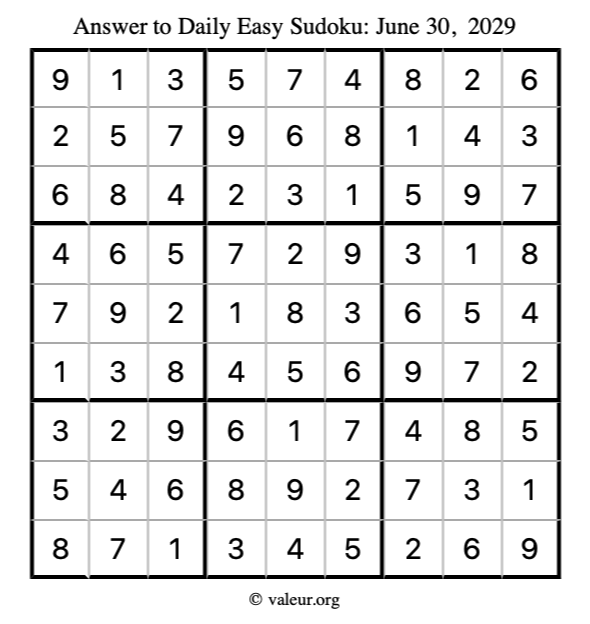 Answer to easy sudoku June 30, 2029