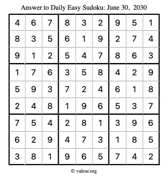 Answer to easy sudoku June 30, 2030