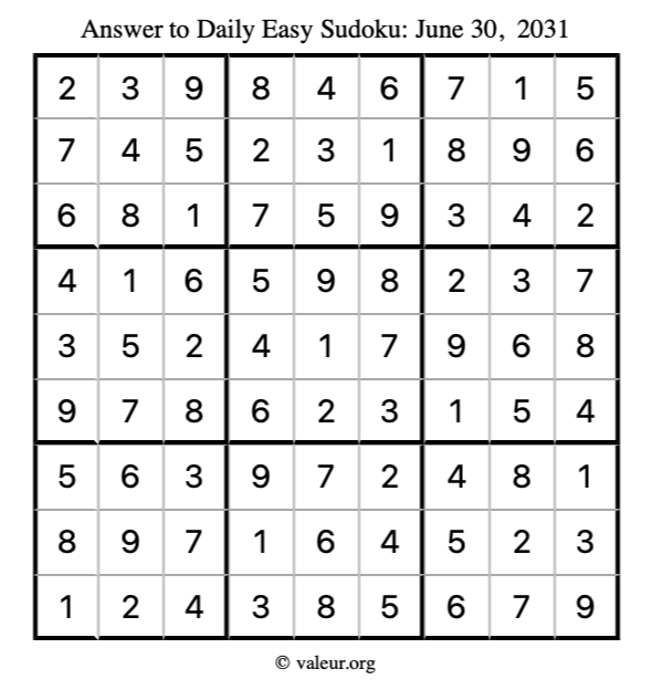 Answer to easy sudoku June 30, 2031
