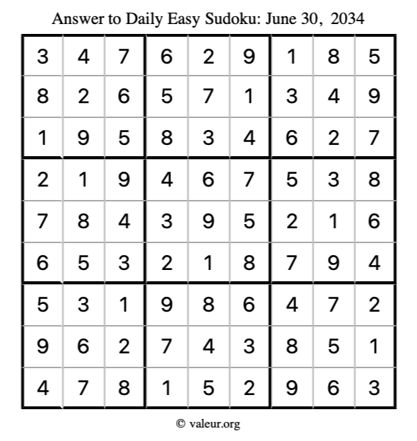 Answer to easy sudoku June 30, 2034