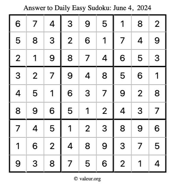Answer to easy sudoku June 4, 2024