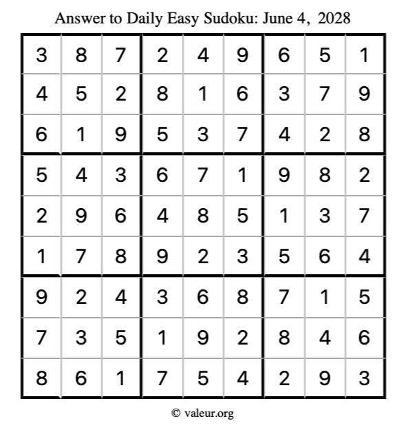 Answer to easy sudoku June 4, 2028