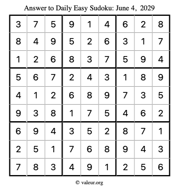Answer to easy sudoku June 4, 2029
