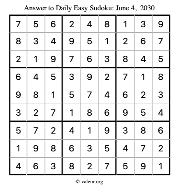 Answer to easy sudoku June 4, 2030