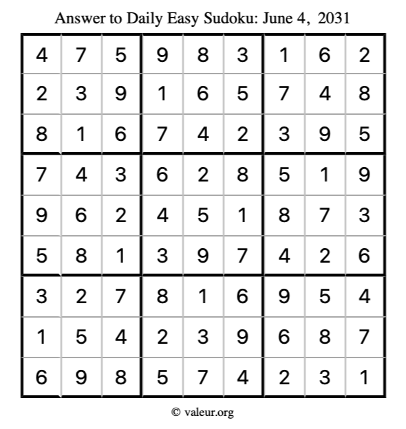 Answer to easy sudoku June 4, 2031
