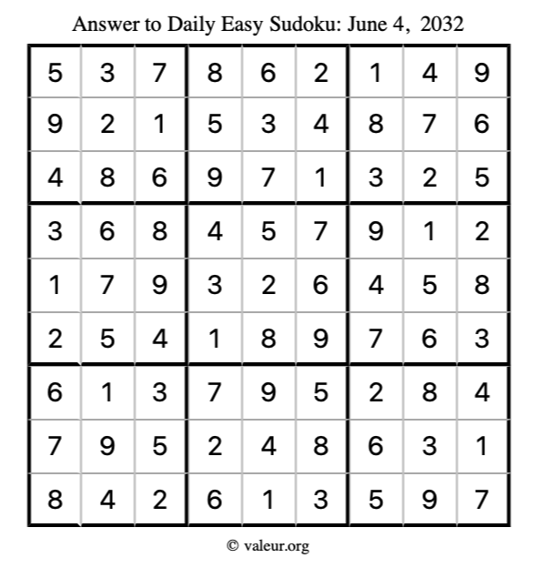 Answer to easy sudoku June 4, 2032