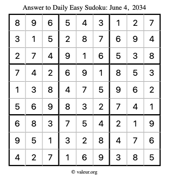 Answer to easy sudoku June 4, 2034