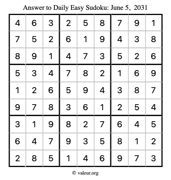 Answer to easy sudoku June 5, 2031