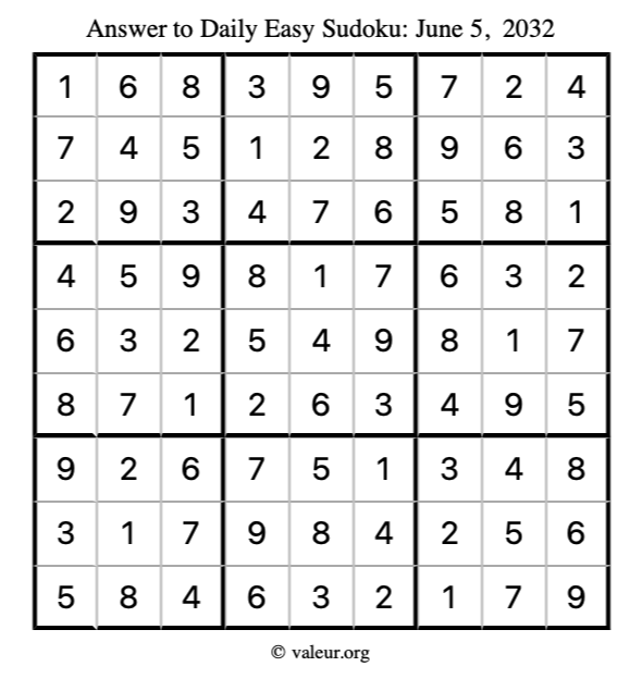 Answer to easy sudoku June 5, 2032