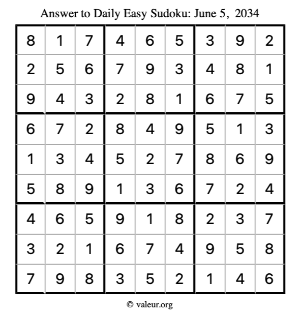 Answer to easy sudoku June 5, 2034