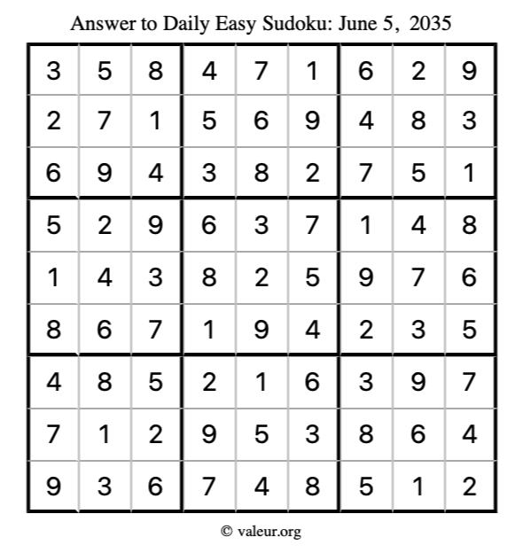 Answer to easy sudoku June 5, 2035