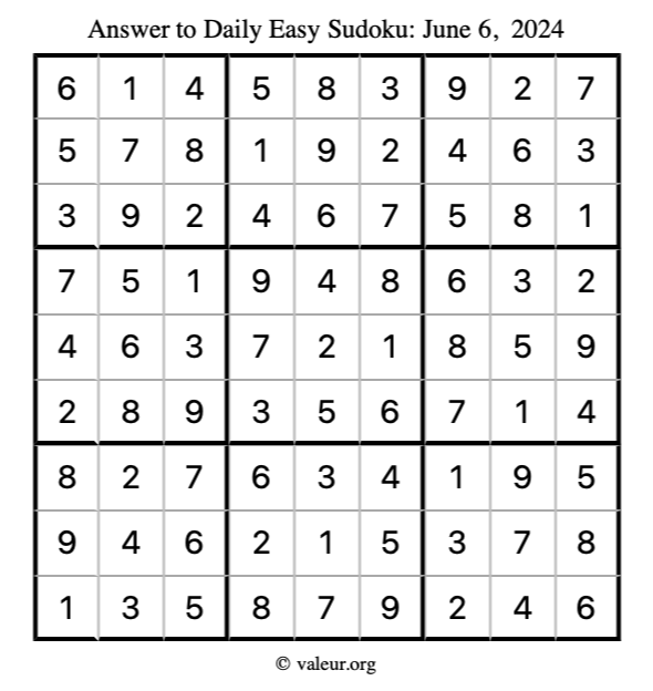 Answer to easy sudoku June 6, 2024