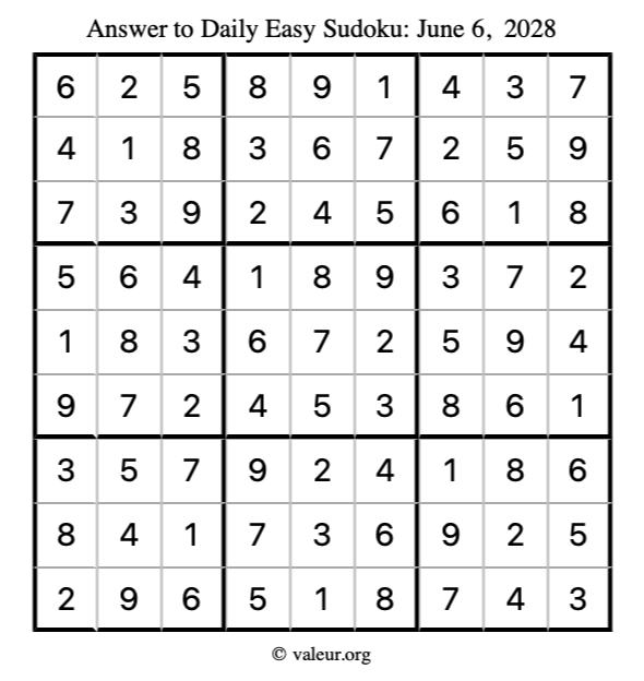 Answer to easy sudoku June 6, 2028