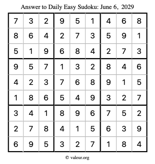 Answer to easy sudoku June 6, 2029