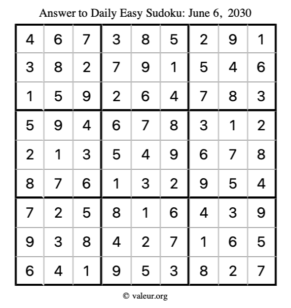 Answer to easy sudoku June 6, 2030