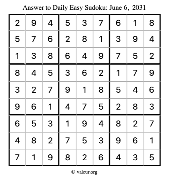 Answer to easy sudoku June 6, 2031