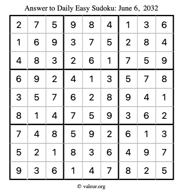 Answer to easy sudoku June 6, 2032