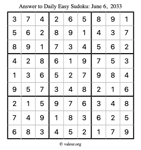 Answer to easy sudoku June 6, 2033