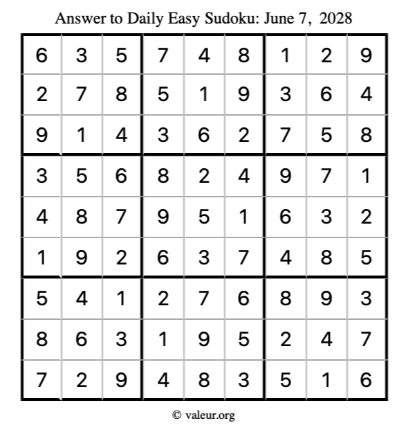 Answer to easy sudoku June 7, 2028
