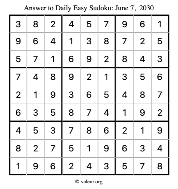 Answer to easy sudoku June 7, 2030