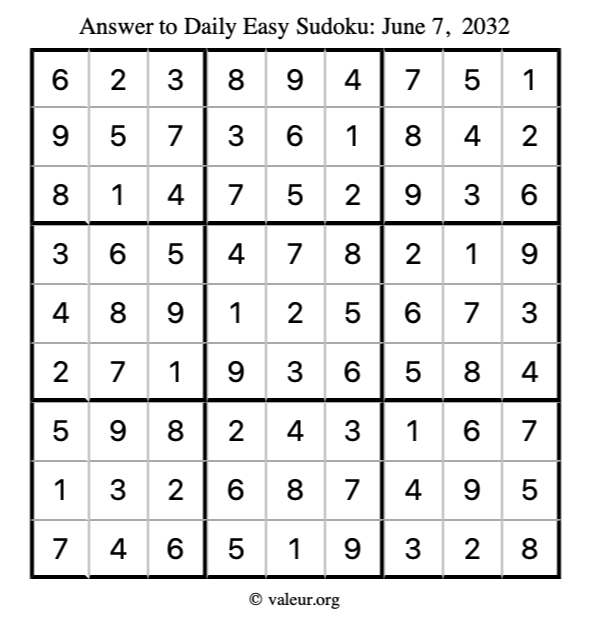 Answer to easy sudoku June 7, 2032