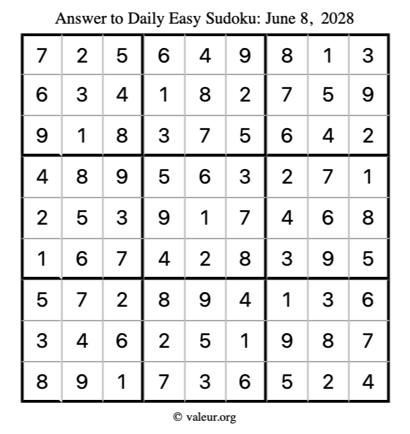Answer to easy sudoku June 8, 2028