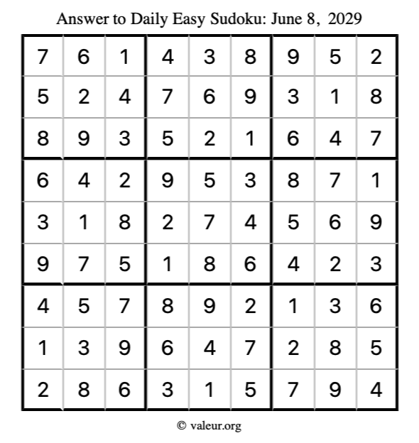 Answer to easy sudoku June 8, 2029
