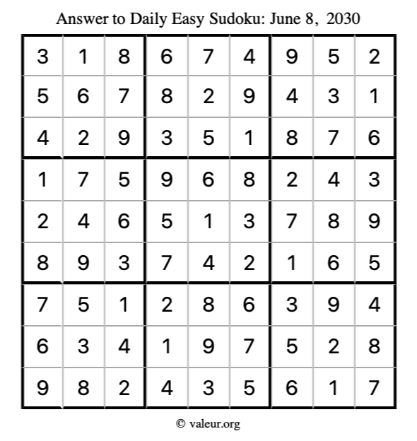 Answer to easy sudoku June 8, 2030
